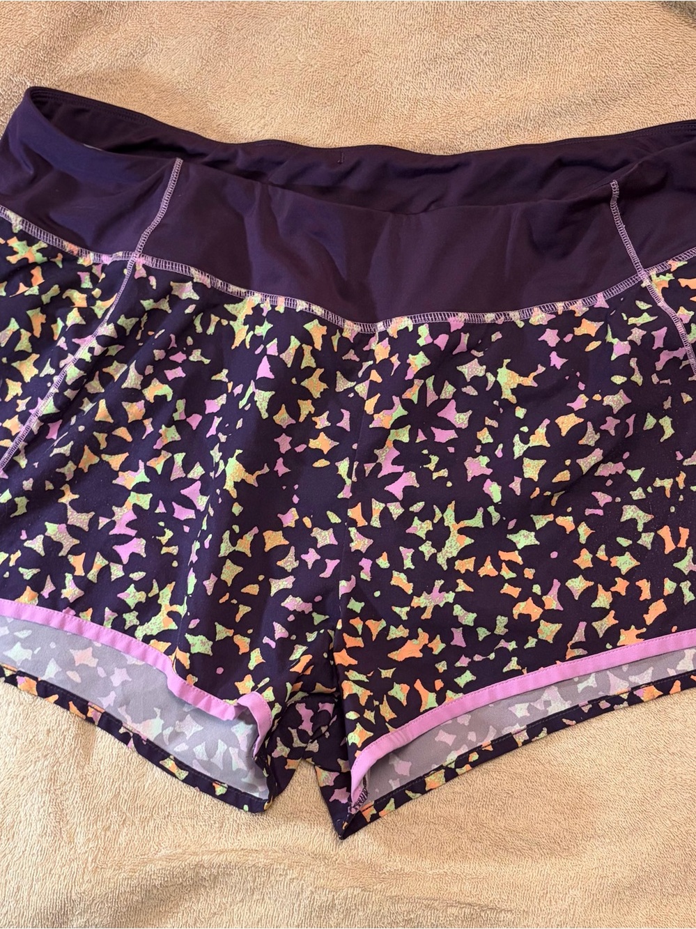 Reebok Black & Purple Athletic Shorts with Multicolor Confetti Print